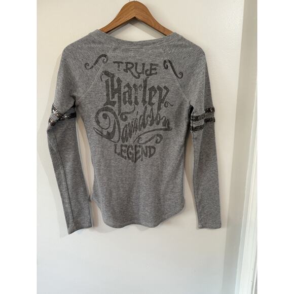 Harley Davidson Top Women's Plus Sz Small Waffle Knit Henley Embellished Biker - Picture 2 of 5